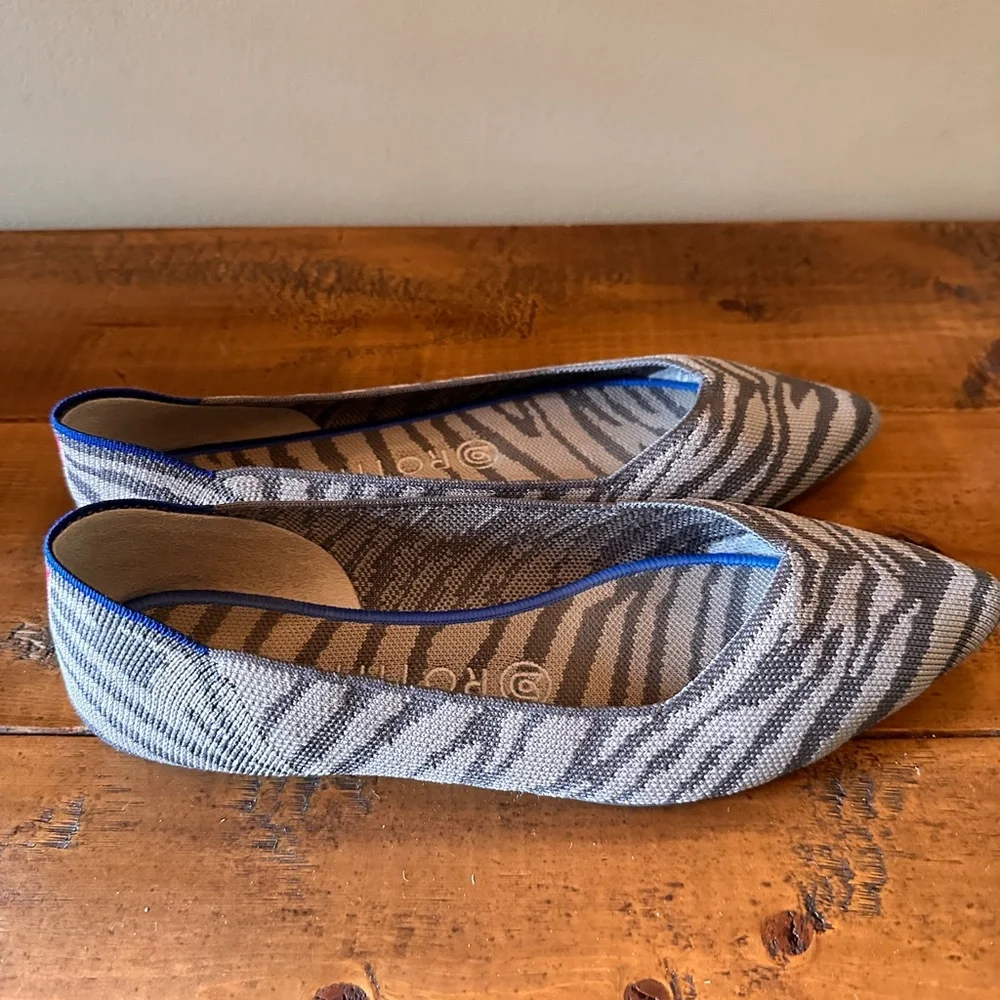 Rothy's Gray Zebra-Print Pointed Flats with Blue Trim